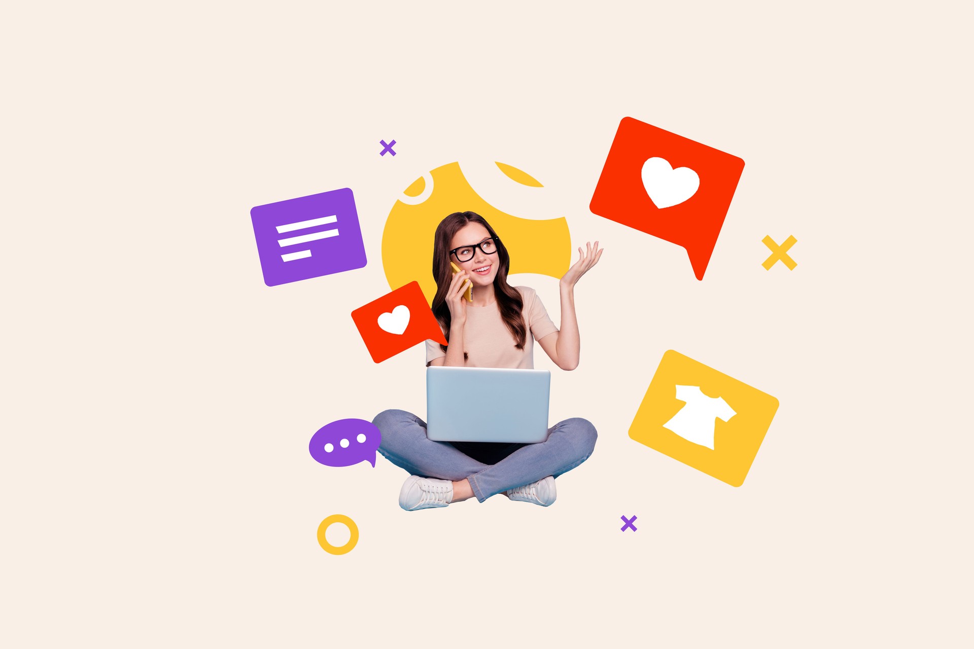 Photo collage young excited girl sitting laptop social network notifications like followers subscribers comment outfit icon phone call